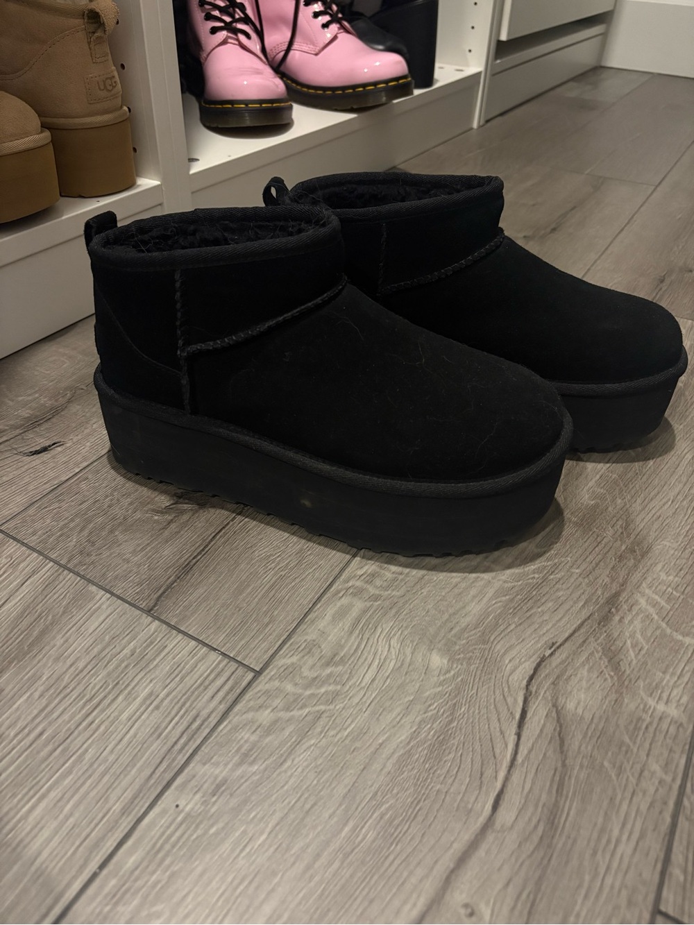 UGG Ultra Mini Platform Shearling Suede Ankle Boots - Black
